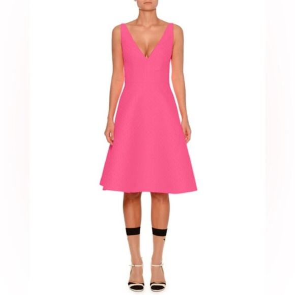 PRADA V-Neck Sleeveless A-Line Textured Dress in Neon Pink - Picture 2 of 7
